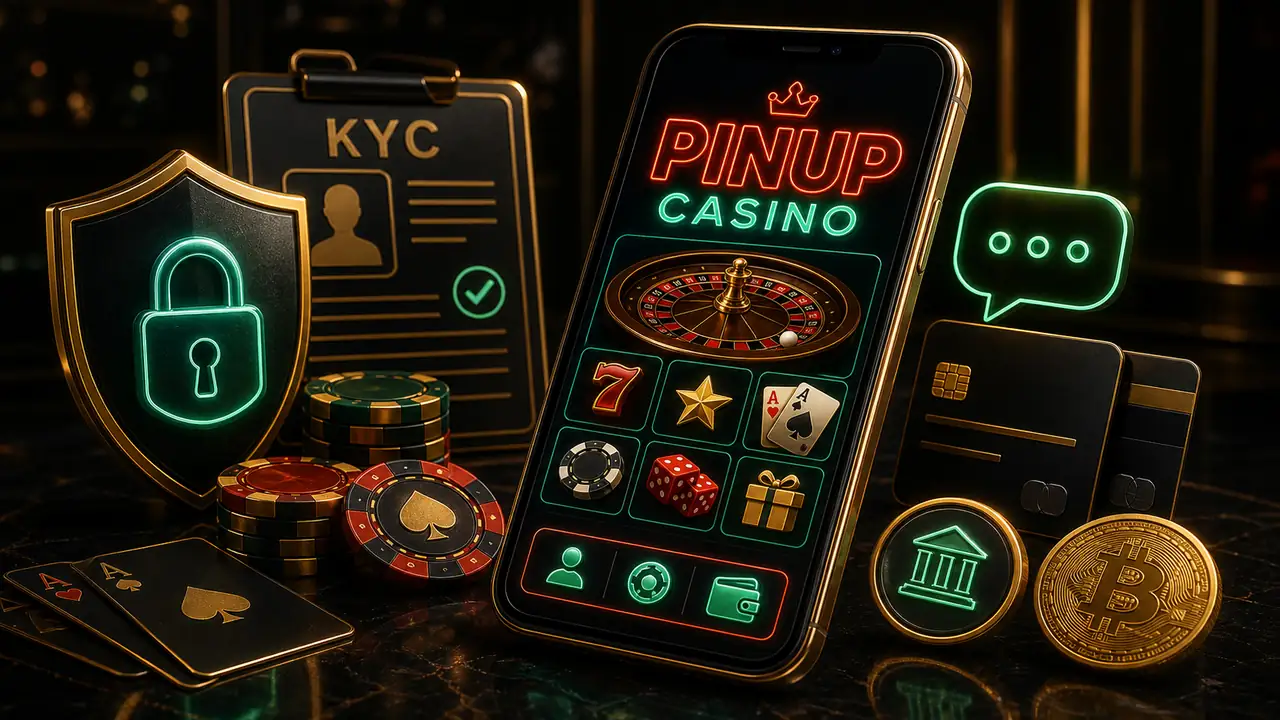 PINUP CASINO en móvil con iconos de KYC, pagos y seguridad de cuenta